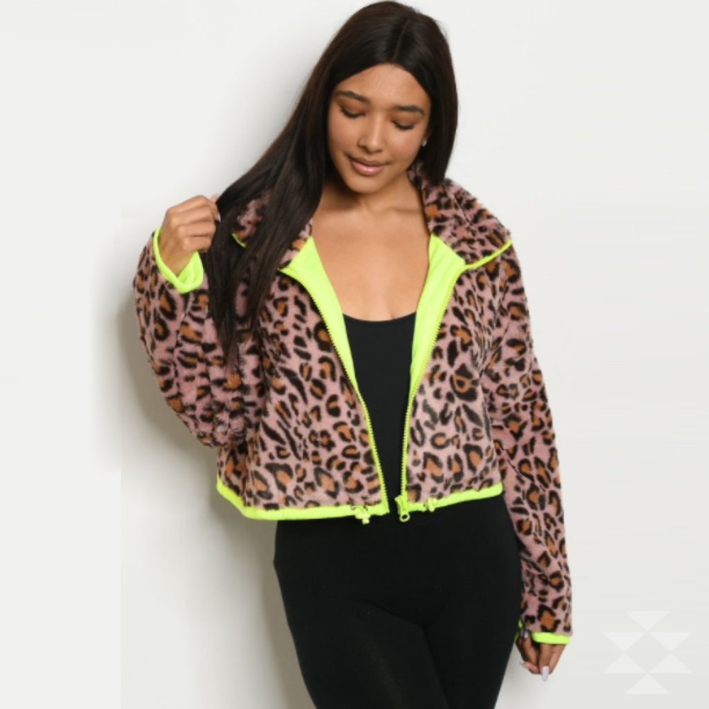 Leopard Faux Fur Crop Jacket With Drawstring  NWT